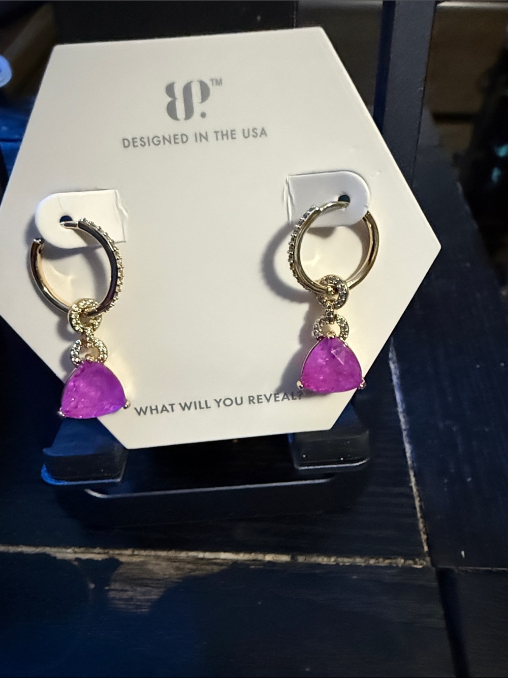 BP Gold plated Hoop Earrings with Fuchsia Triangle Gems  “that hanging moment”